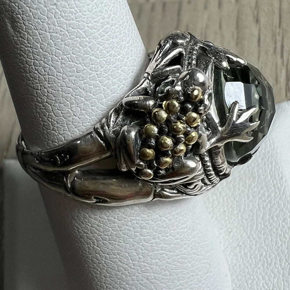 Robert Manse Sterling Silver 18K Gold Green Prasiolite Stone Frog Ring Size 8